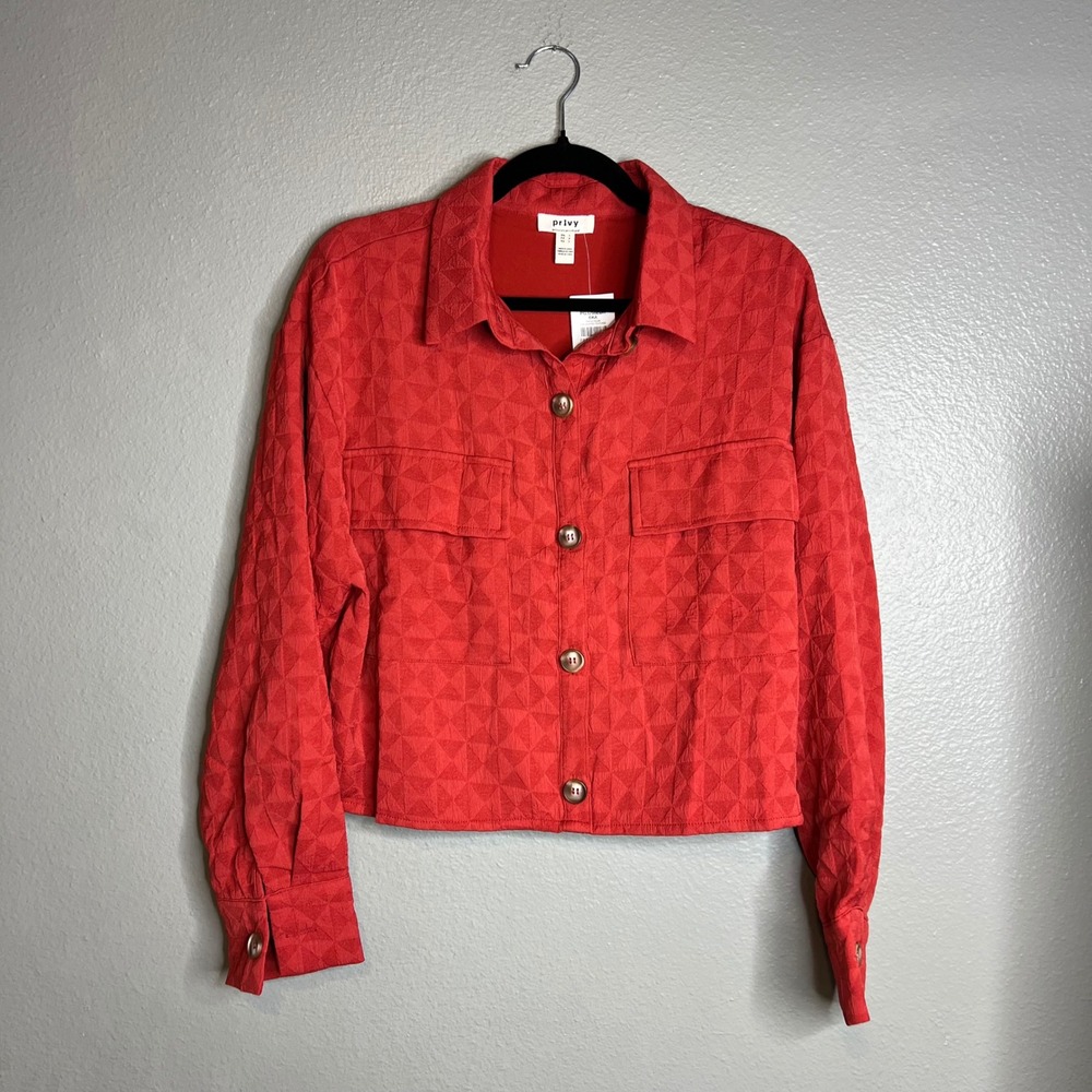 Privy Shirt Jacket Size S Red Crop Textured Shacket Button NWT